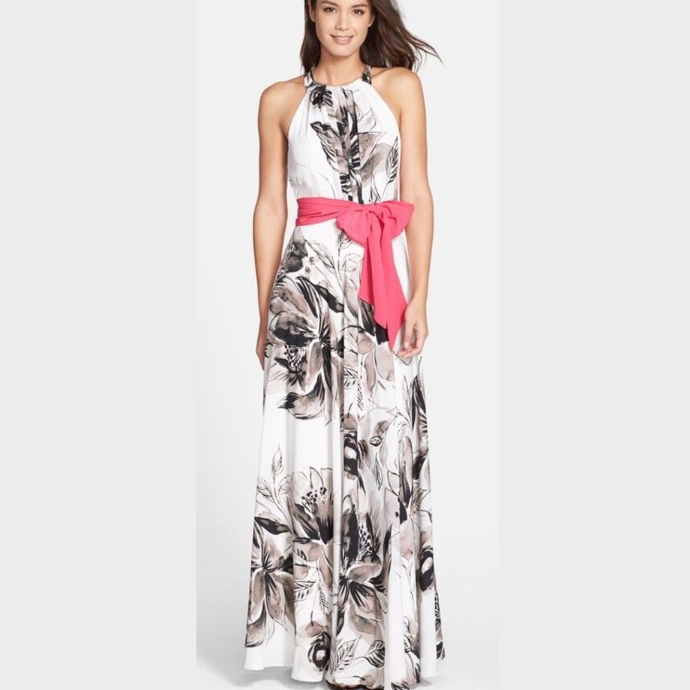 ELISA J - Black & White Print, Pink Bow, Halter Maxi Dress – Size 6